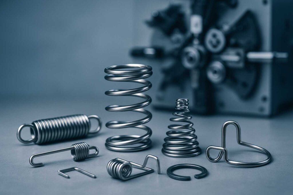 Produkte: Schenkelfedern, Torsionsfedern, Drehfedern Doppelschenkelfedern Zugfedern (mit DIN Ösen oder Spezialösen) Druckfedern (zylindrisch, konisch oder mehrfach konisch, Endenausführung geschliffen oder ungeschliffen, kalt- oder warmgesetzt) Biegeteile, Drahtbiegeteile, Formfedern (mit den vielfältigsten Biegungen) Flachfedern, Blattfedern, Umformteile Baugruppenfertigung Sprengringe Federstecker Federn nach Kundenwunsch, Spezialfedern